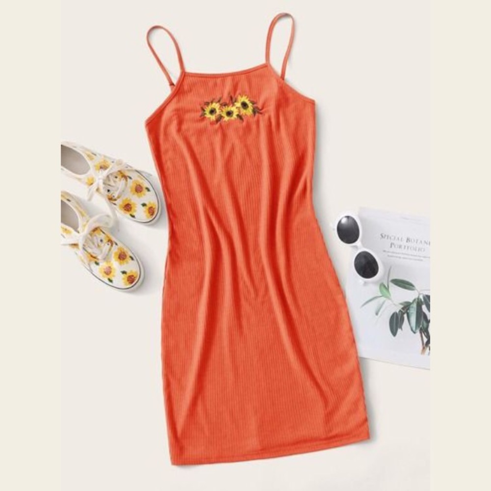 Orange Sunflower Bodycon Strap Dress